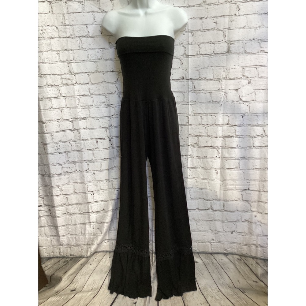 Lisa Kline Black Strapless Jumpsuit Wide Leg Crochet Lace Trim Ruffle Hem Large